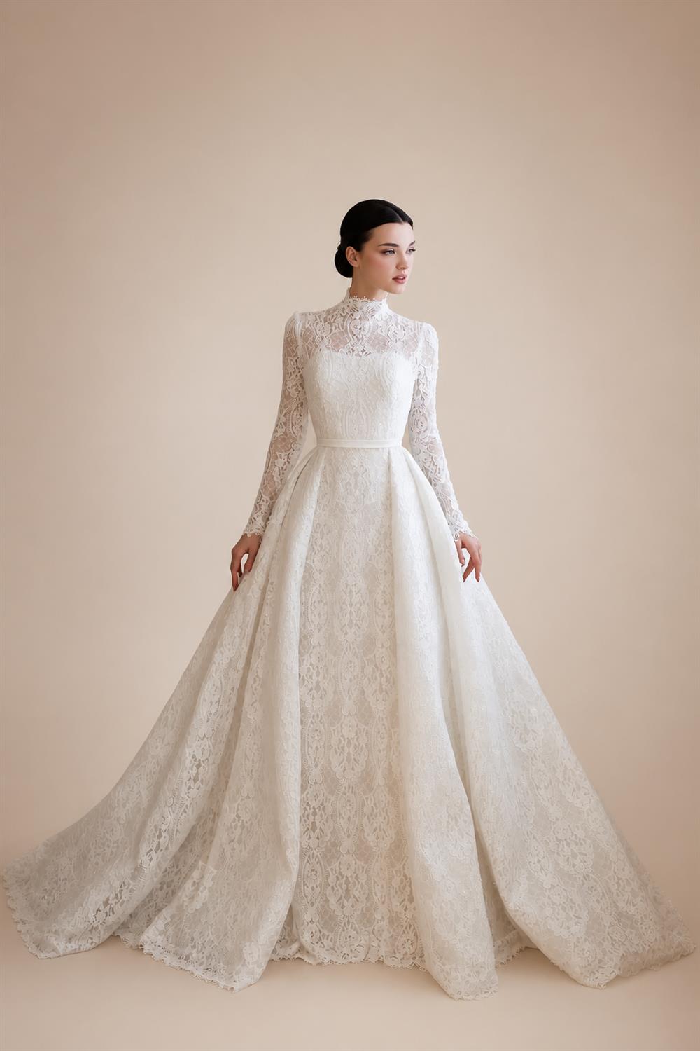 Luxury High Neck Lace Wedding Dress with Overskirt ZP174