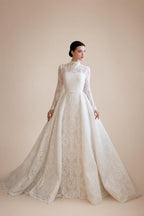 Luxury High Neck Lace Wedding Dress with Overskirt ZP174