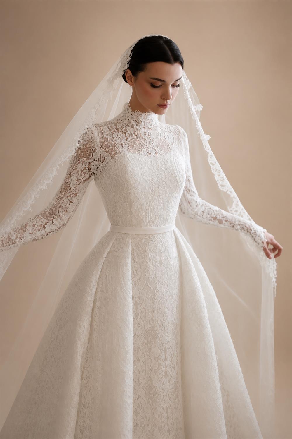 Luxury High Neck Lace Wedding Dress with Overskirt ZP174