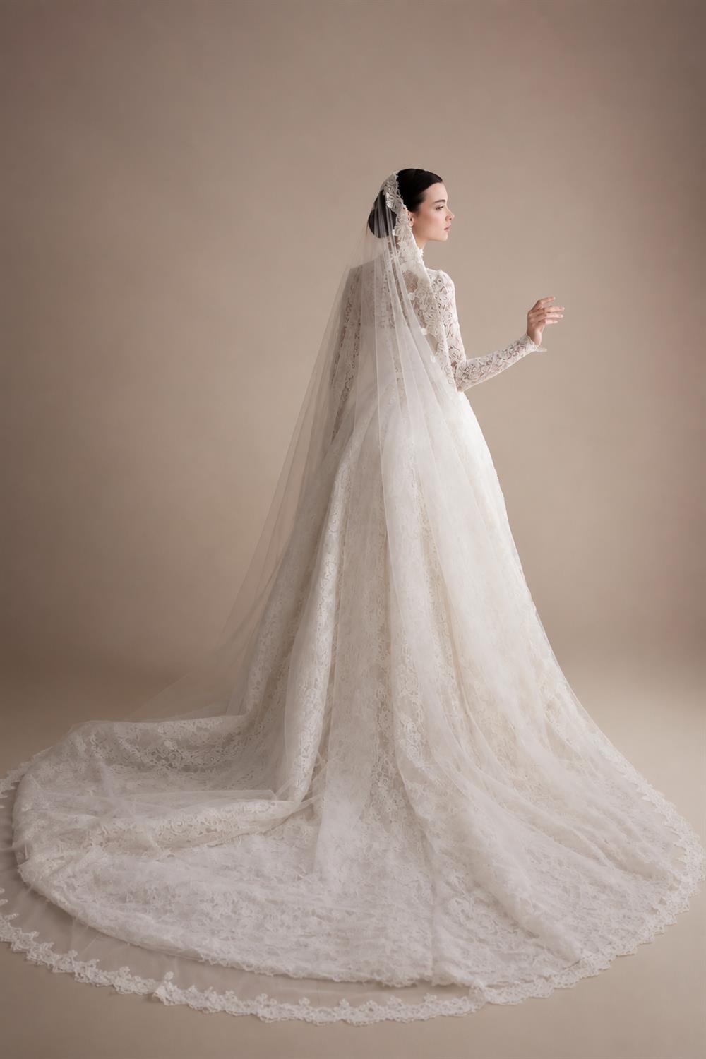 Luxury High Neck Lace Wedding Dress with Overskirt ZP174
