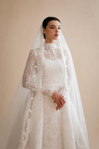 Luxury High Neck Lace Wedding Dress with Overskirt ZP174