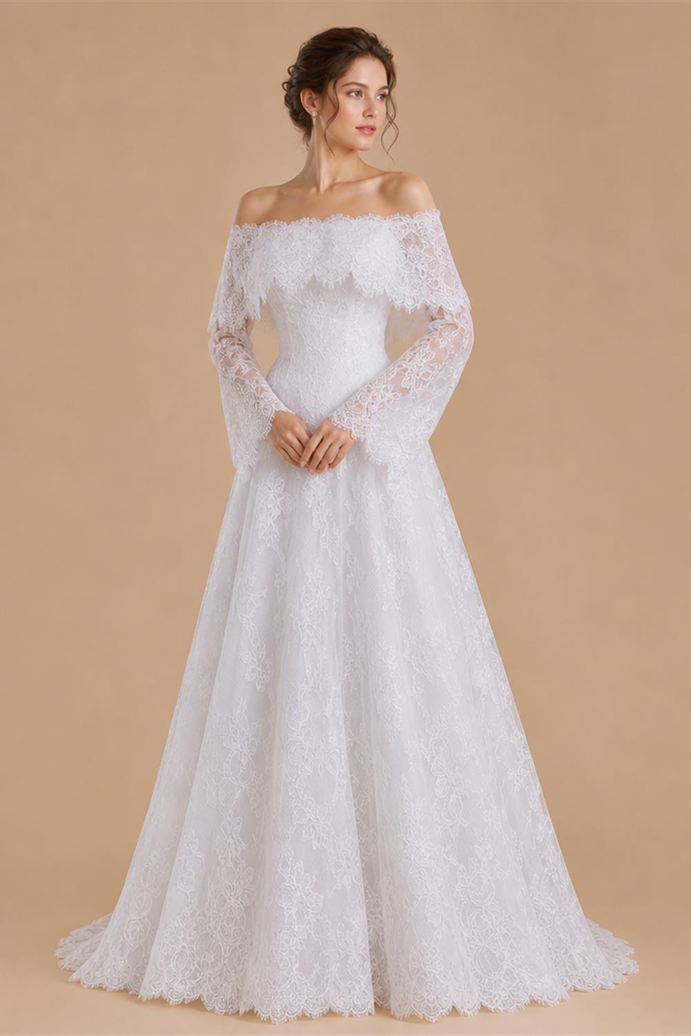 Luxury Off Shoulder Wedding Dress with Long Sleeves ZP175
