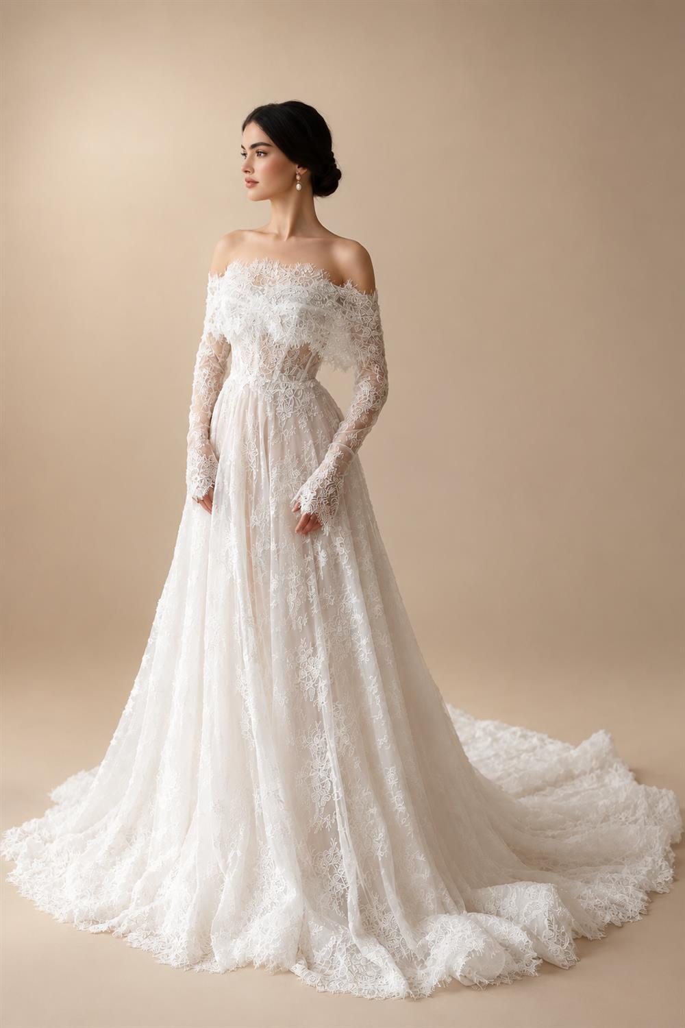 Luxury Off Shoulder Wedding Dress with Long Sleeves ZP175