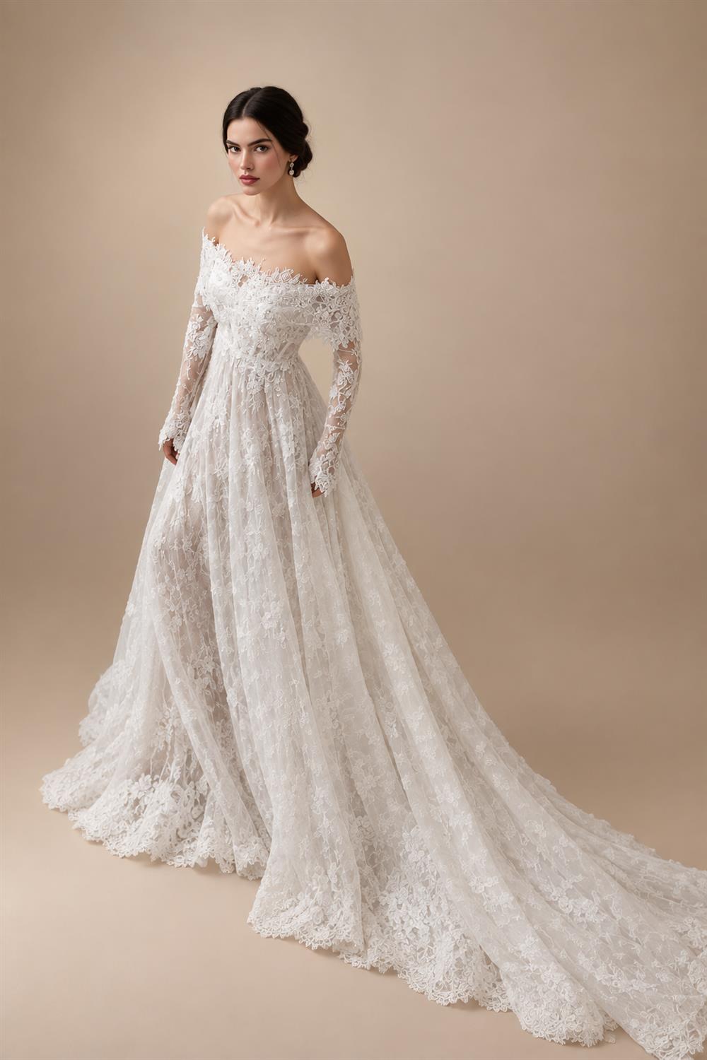 Luxury Off Shoulder Wedding Dress with Long Sleeves ZP175