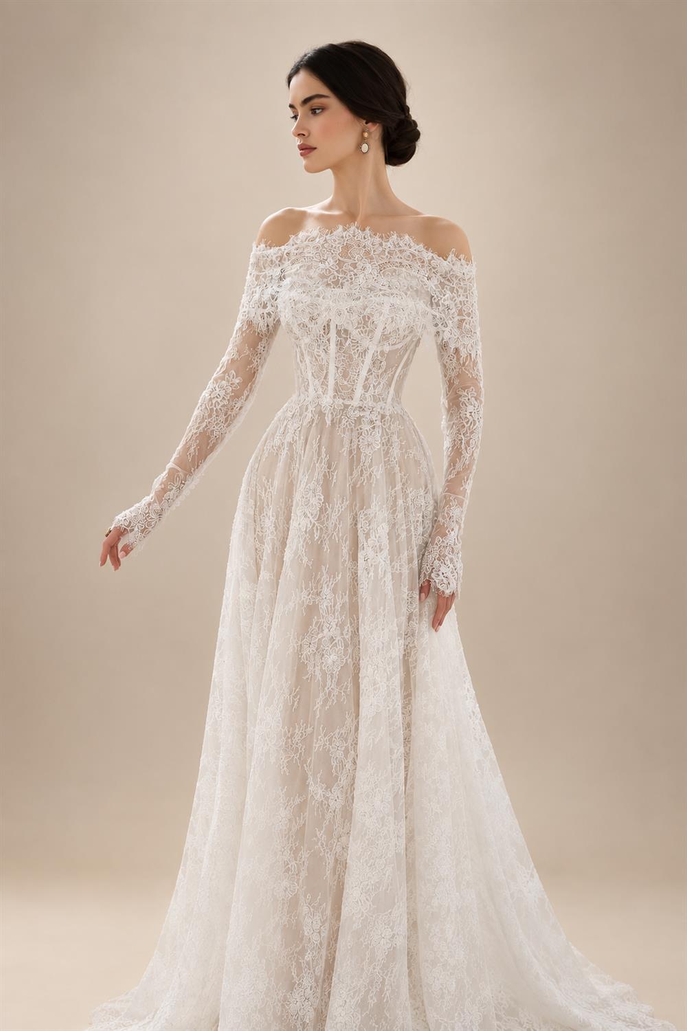 Luxury Off Shoulder Wedding Dress with Long Sleeves ZP175