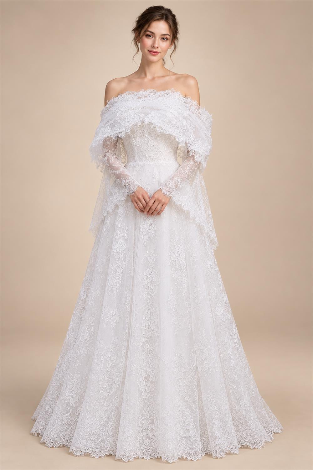 Luxury Off Shoulder Wedding Dress with Long Sleeves ZP175
