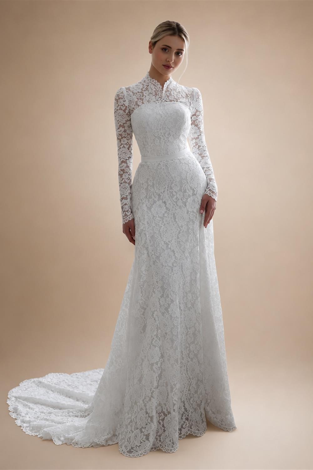 Elegant Floral Long Sleeve Mermaid Wedding Dress ZP176