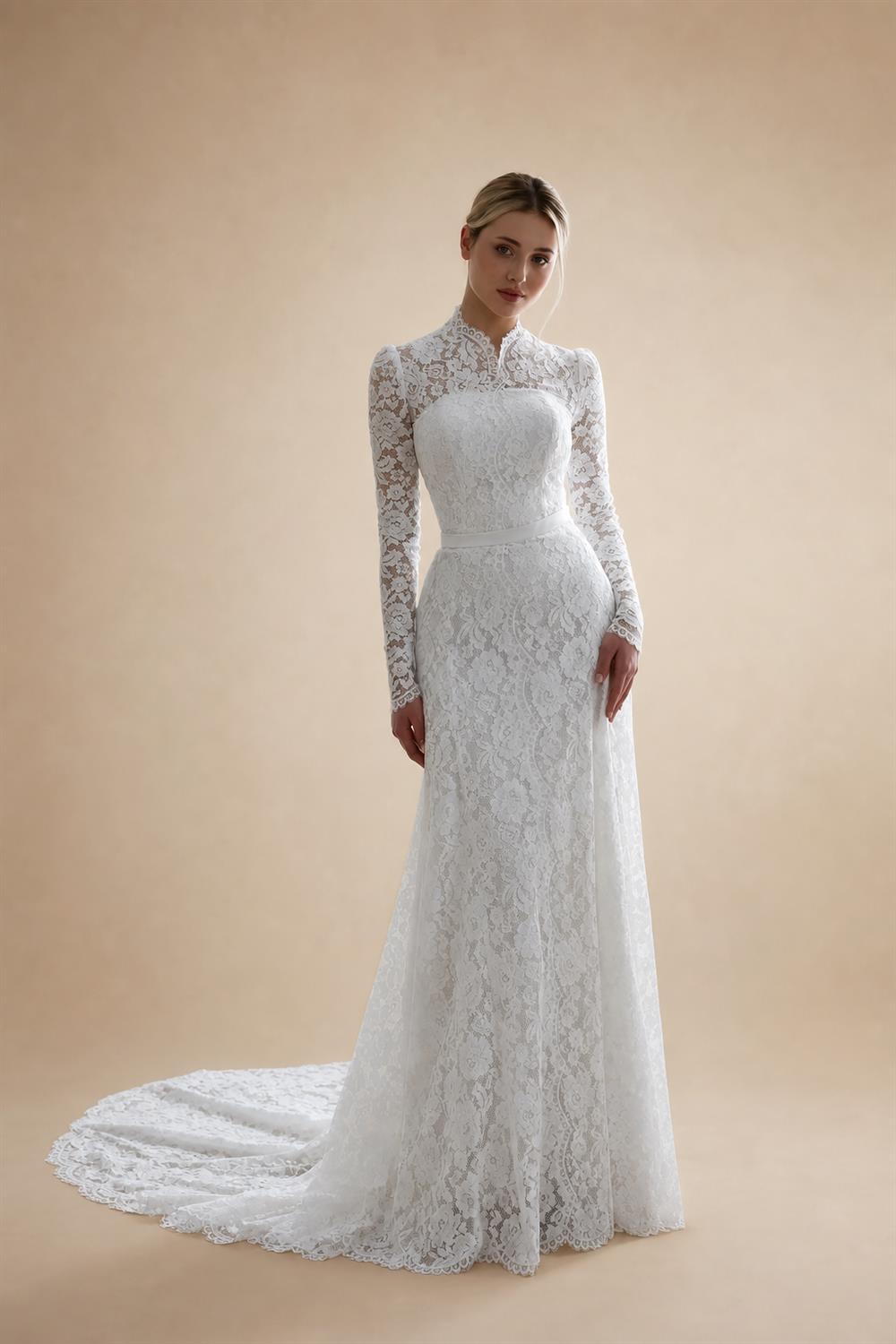 Elegant Floral Long Sleeve Mermaid Wedding Dress ZP176