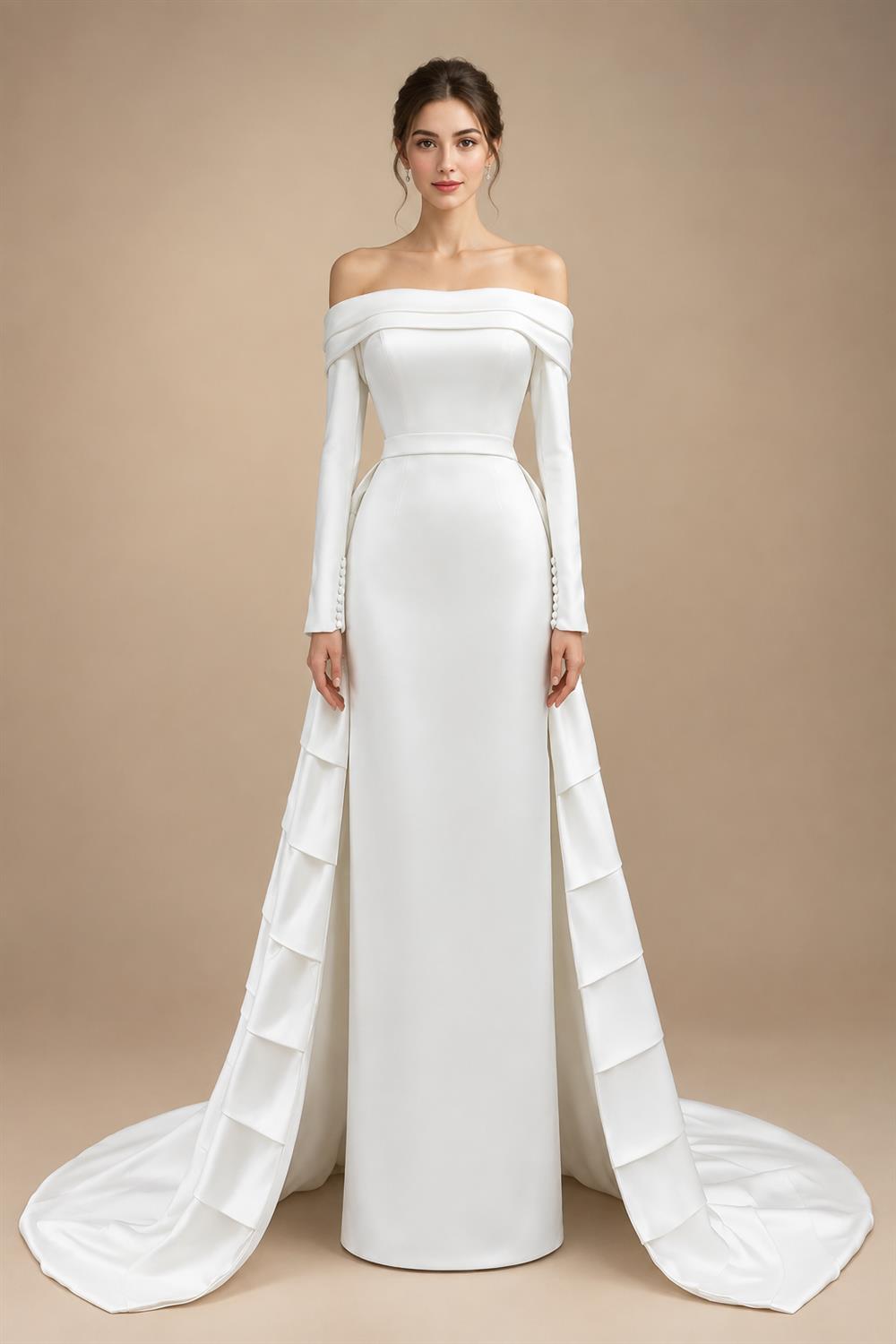 Luxury Minimalist Off Shoulder Wedding Dress with Overskirt ZP177
