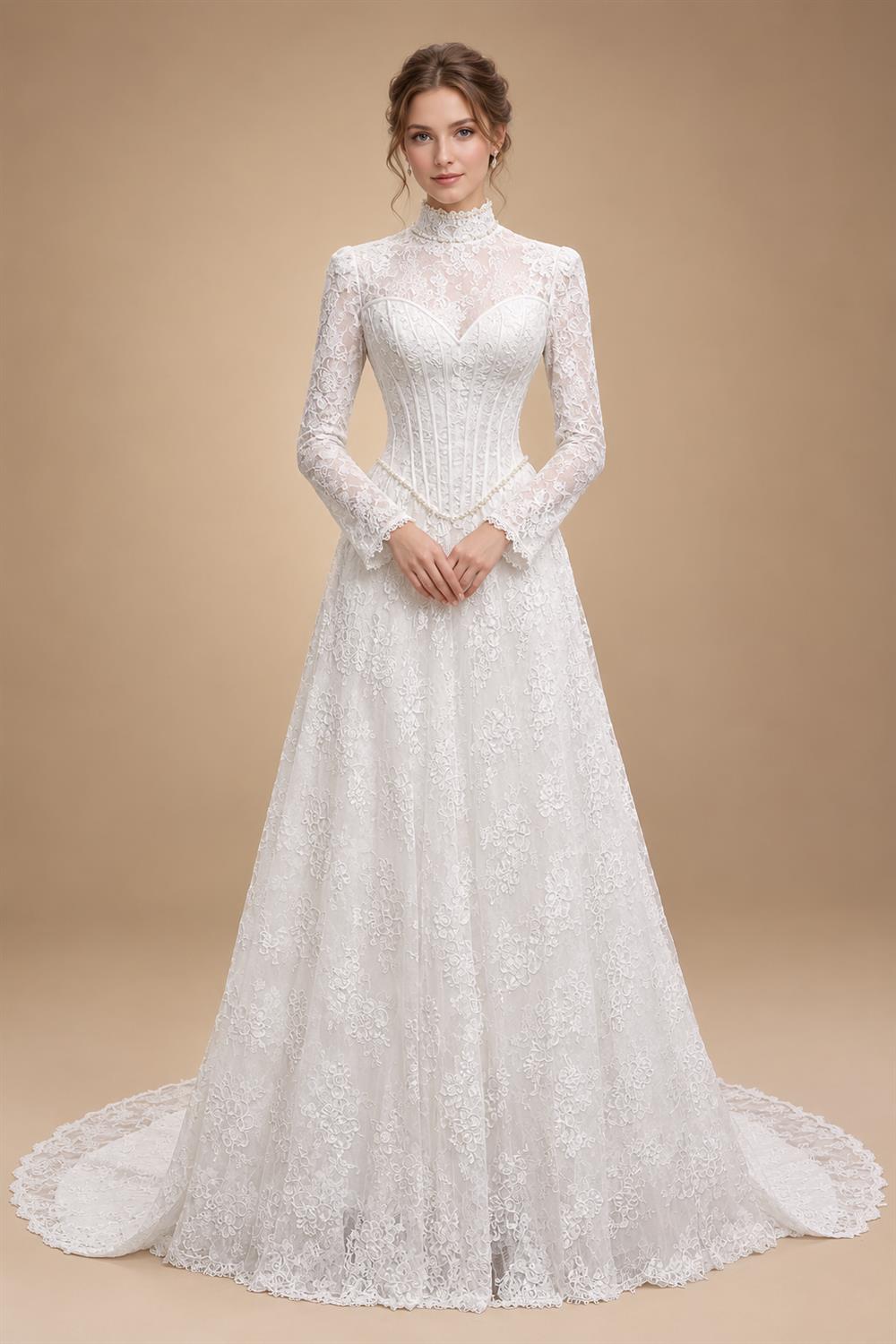 Luxury Pearl Long Sleeve Lace Wedding Dress ZP178