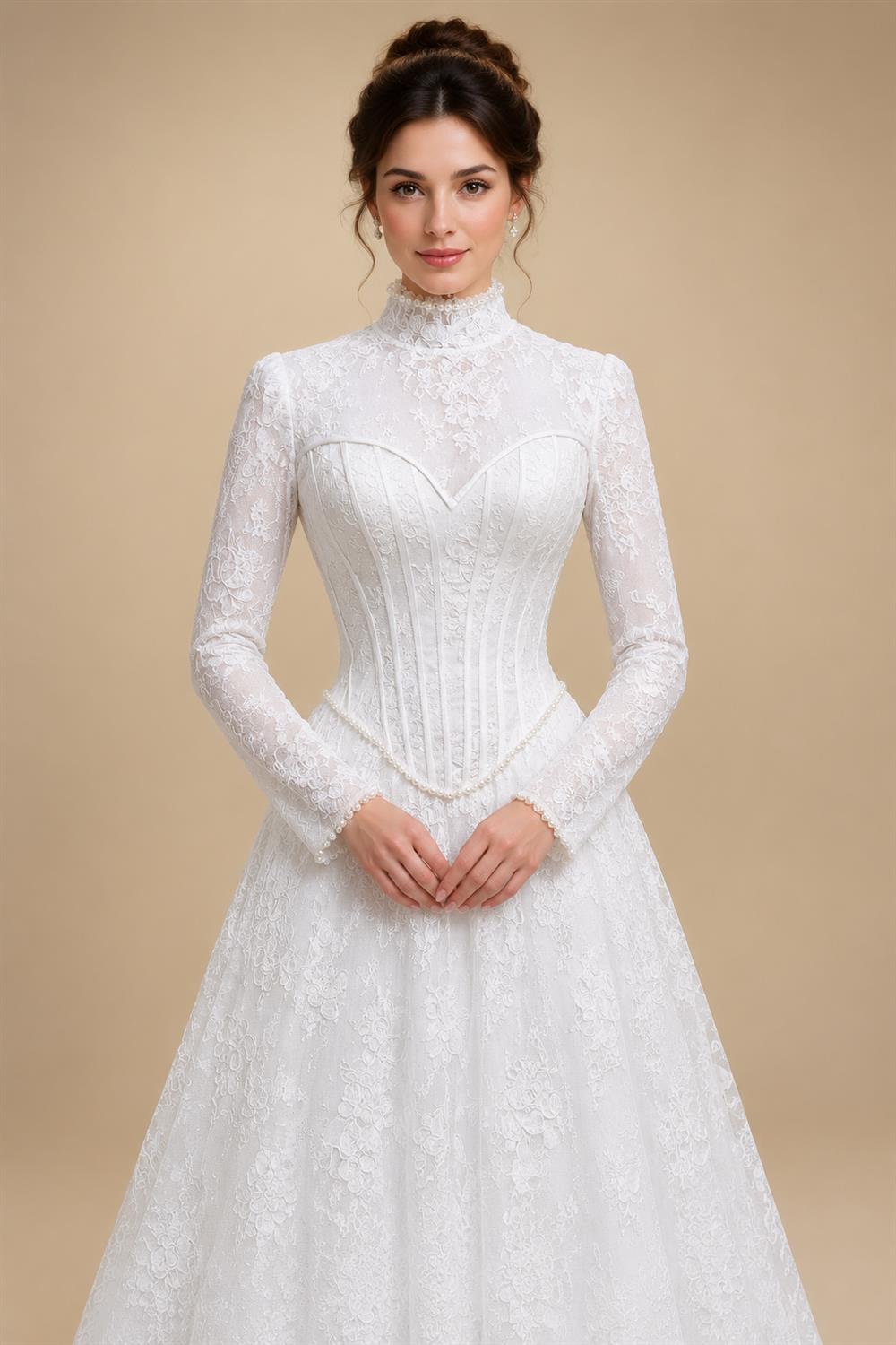 Luxury Pearl Long Sleeve Lace Wedding Dress ZP178