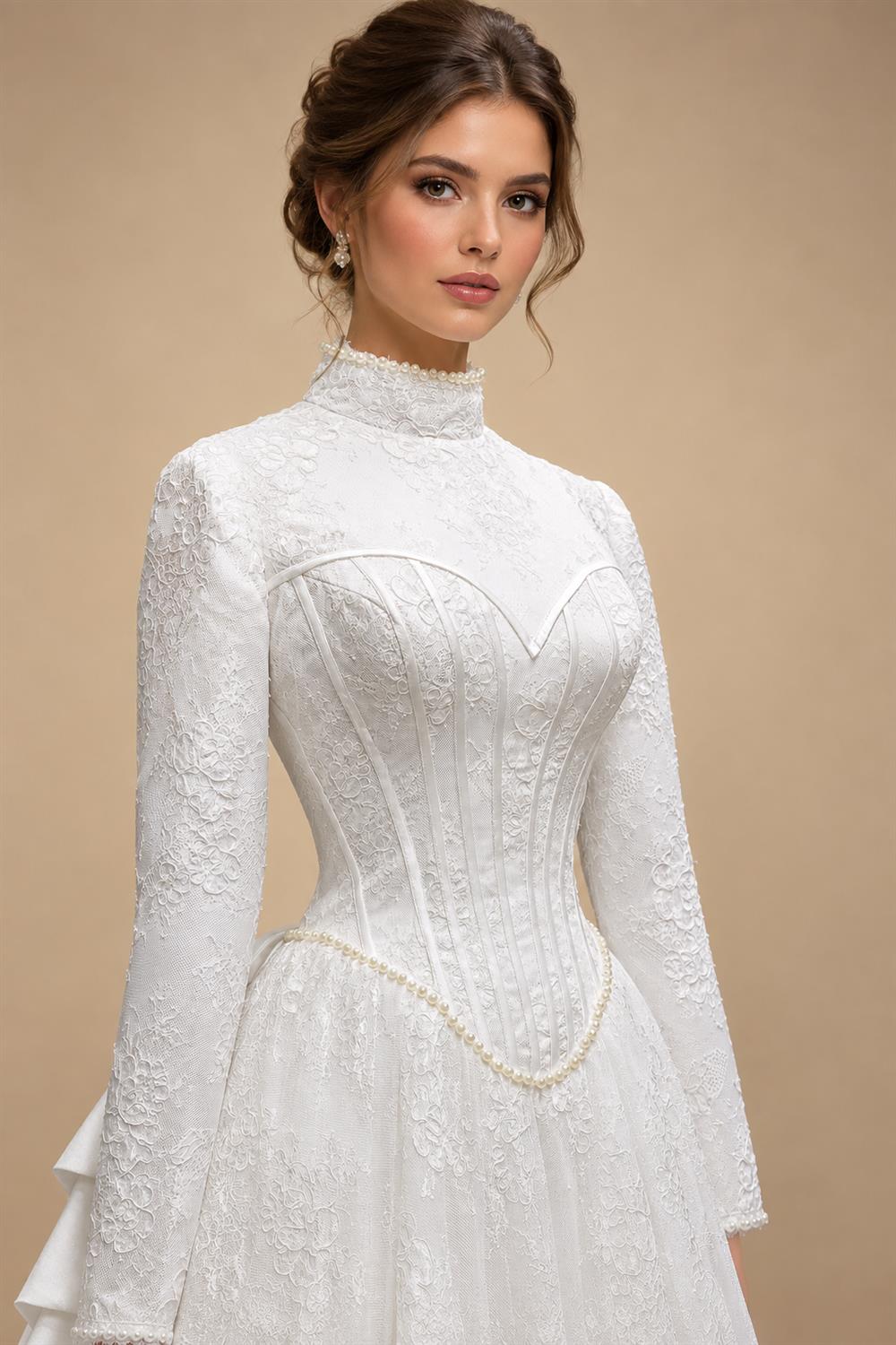 Luxury Pearl Long Sleeve Lace Wedding Dress ZP178