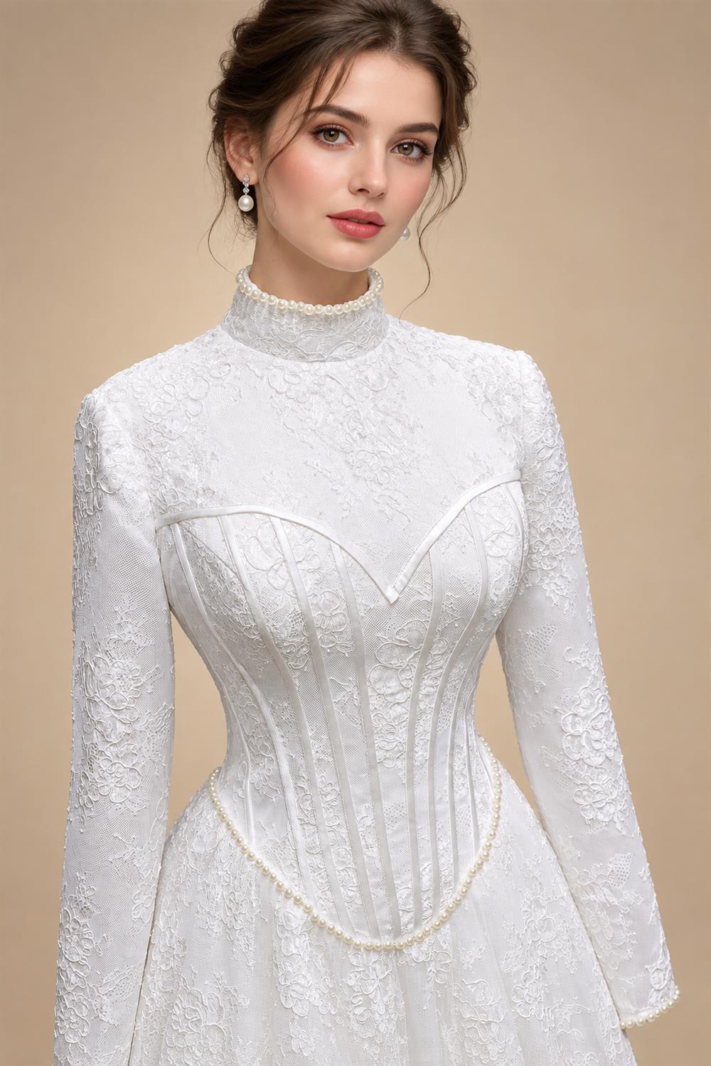 Luxury Pearl Long Sleeve Lace Wedding Dress ZP178