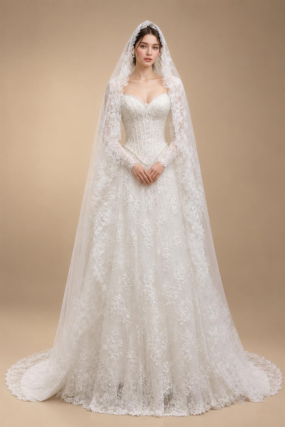 Luxury Pearl Long Sleeve Lace Wedding Dress ZP178