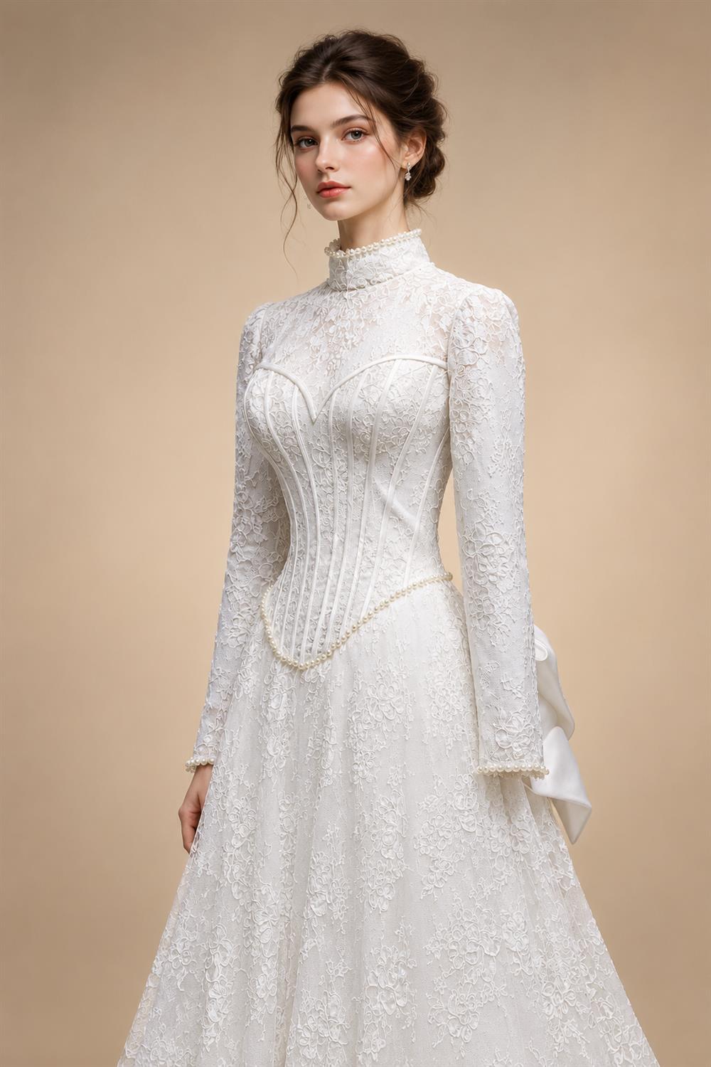 Luxury Pearl Long Sleeve Lace Wedding Dress ZP178