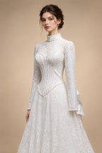 Luxury Pearl Long Sleeve Lace Wedding Dress ZP178