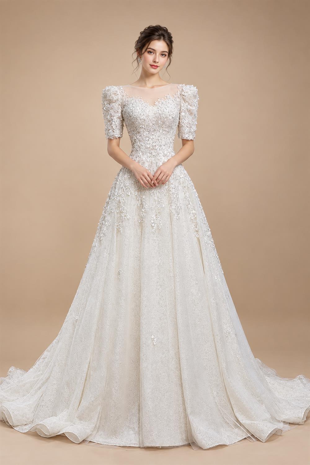 Luxury Beaded Puffy Lace Off Shoulder Wedding Dress ZP179