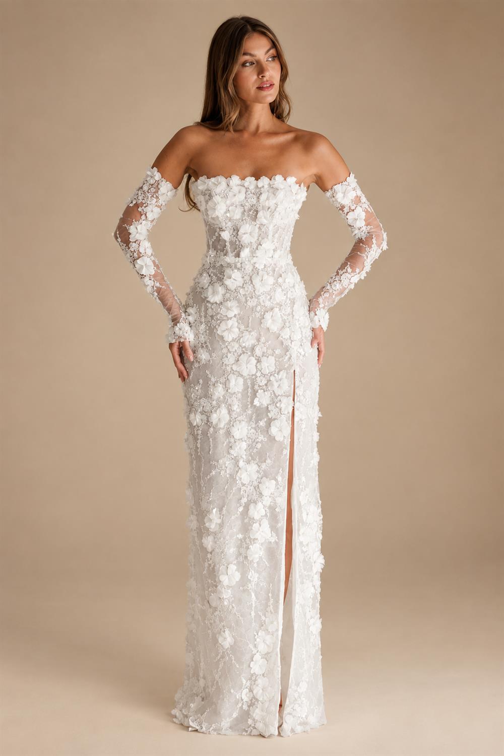 Luxury 3D Floral Sequin Strapless Wedding Dress with Detachable Sleeves ZP188