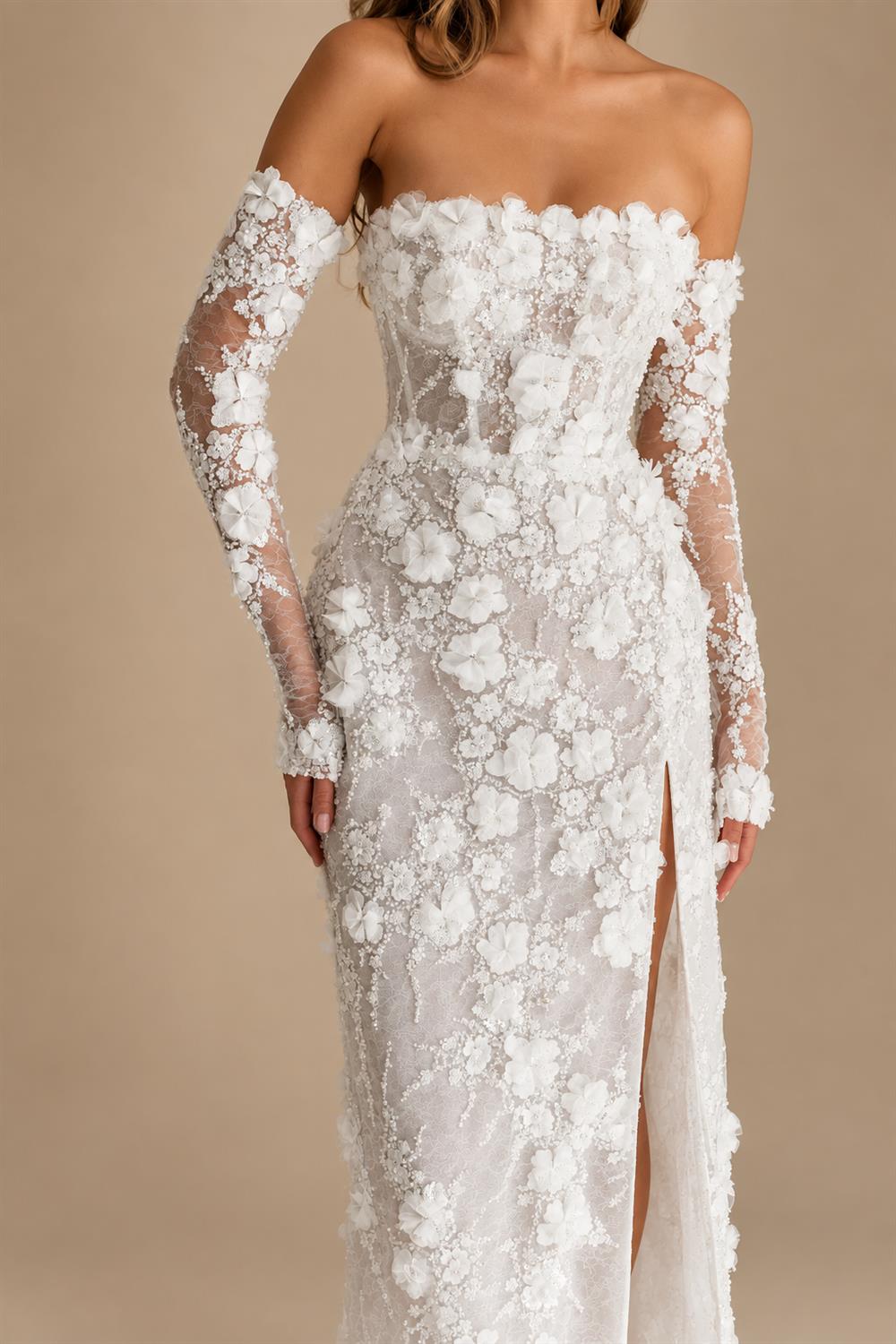 Luxury 3D Floral Sequin Strapless Wedding Dress with Detachable Sleeves ZP188