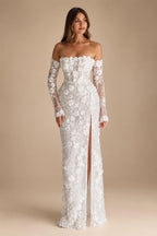 Luxury 3D Floral Sequin Strapless Wedding Dress with Detachable Sleeves ZP188