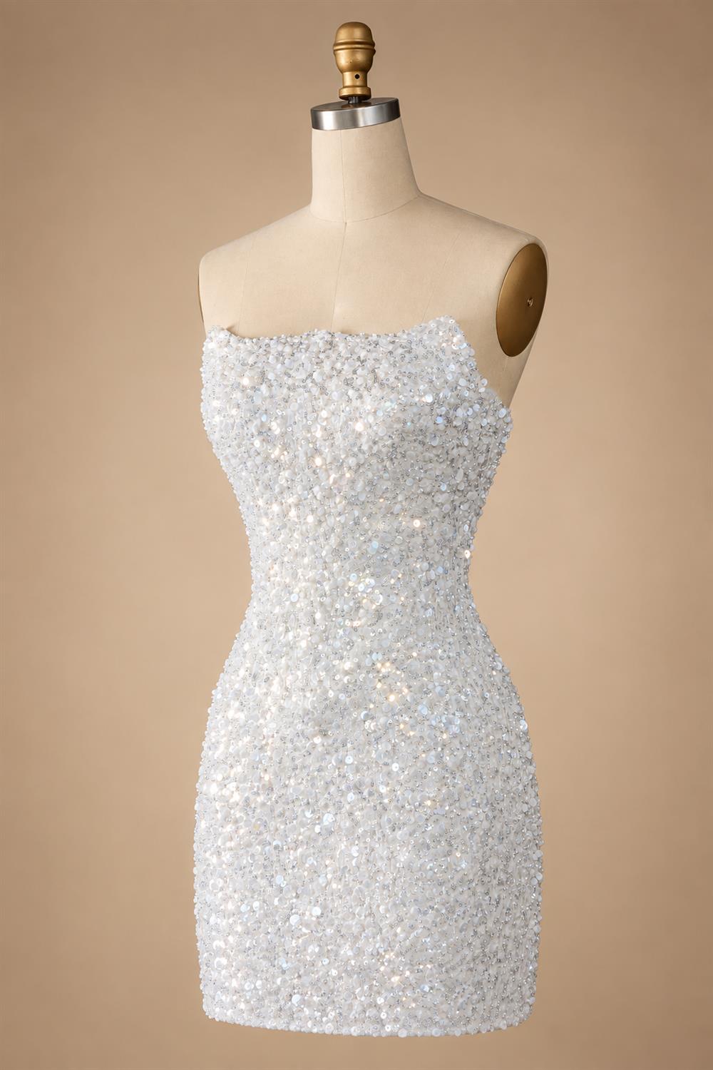 Luxury White Sequin Pearl Strapless Short Wedding Dress ZP189