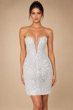 Luxury White Sequin Pearl Strapless Short Wedding Dress ZP189