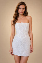 Luxury White Sequin Pearl Strapless Short Wedding Dress ZP189