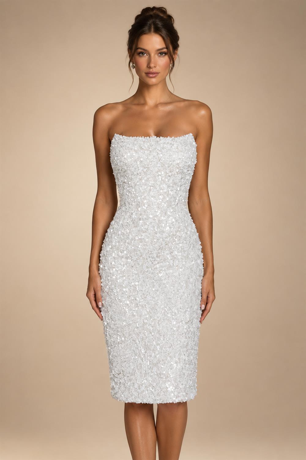 Luxury White Sequin Pearl Strapless Short Wedding Dress ZP189