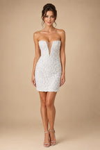 Luxury White Sequin Pearl Strapless Short Wedding Dress ZP189