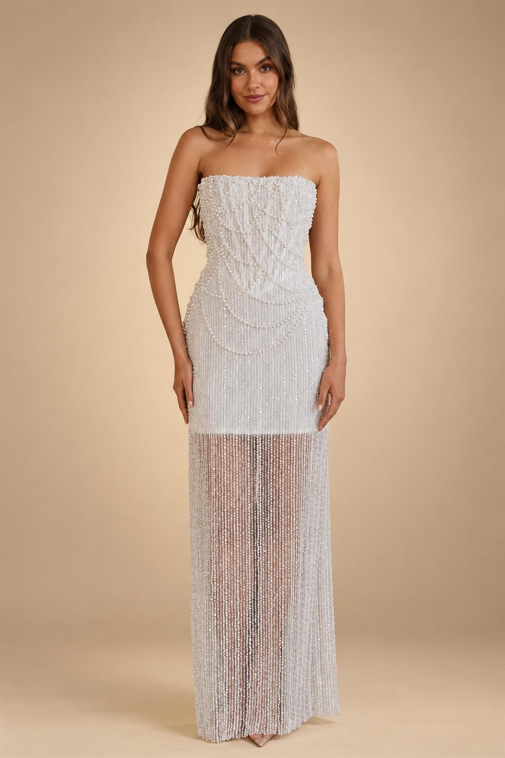 Luxury White Sequin Pearl Strapless Wedding Dress ZP190