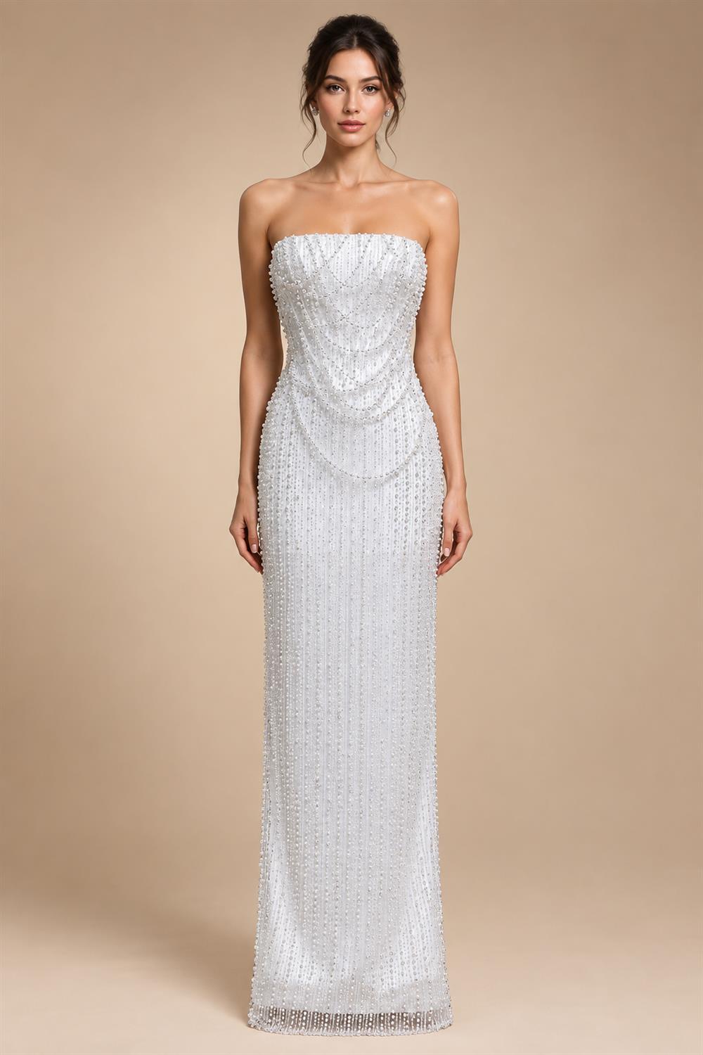 Luxury White Sequin Pearl Strapless Wedding Dress ZP190