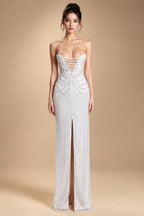 Luxury White Sequin Pearl Strapless Wedding Dress ZP190