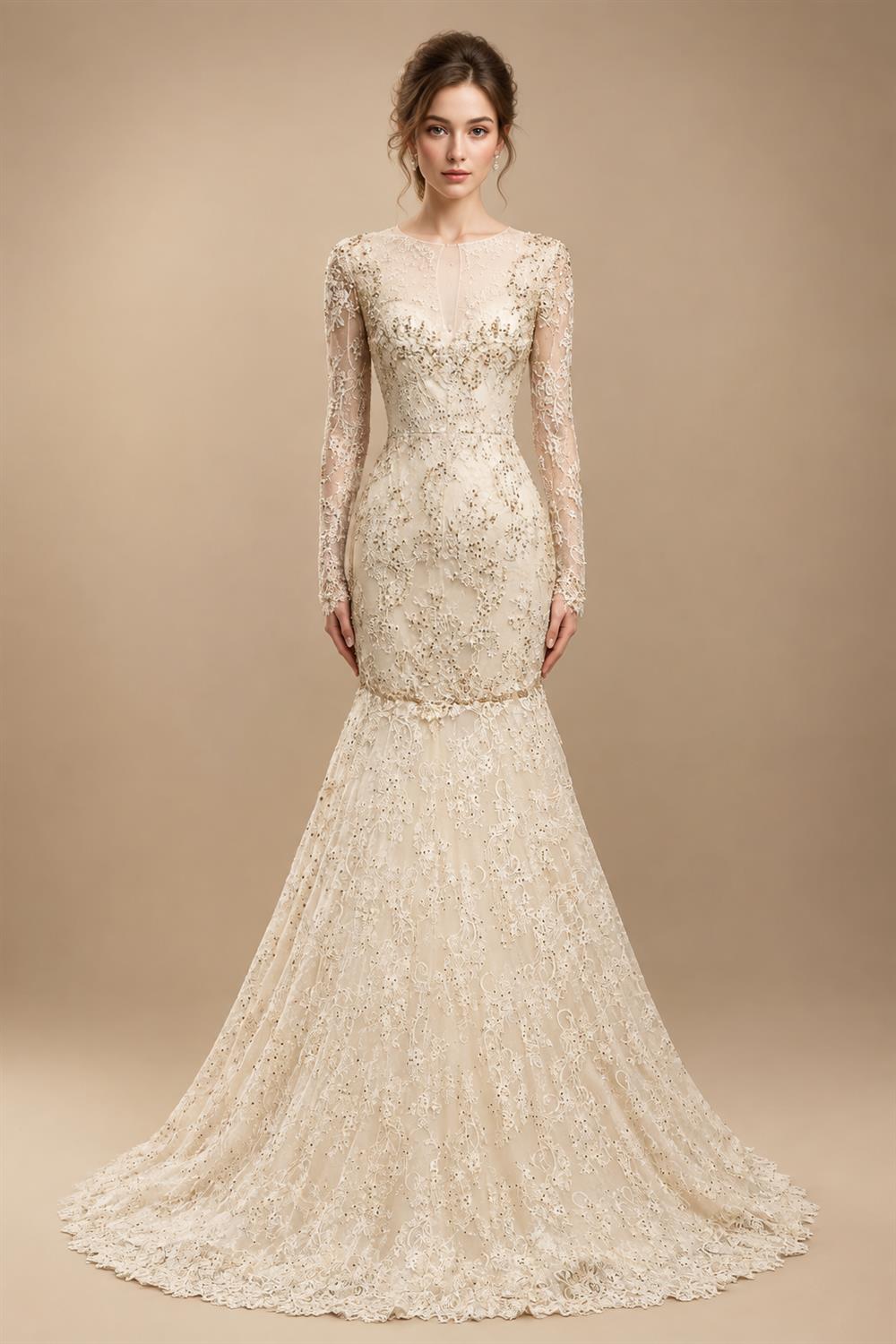 Glamorous Lace Long Sleeves Mermaid Wedding Dress ZP191