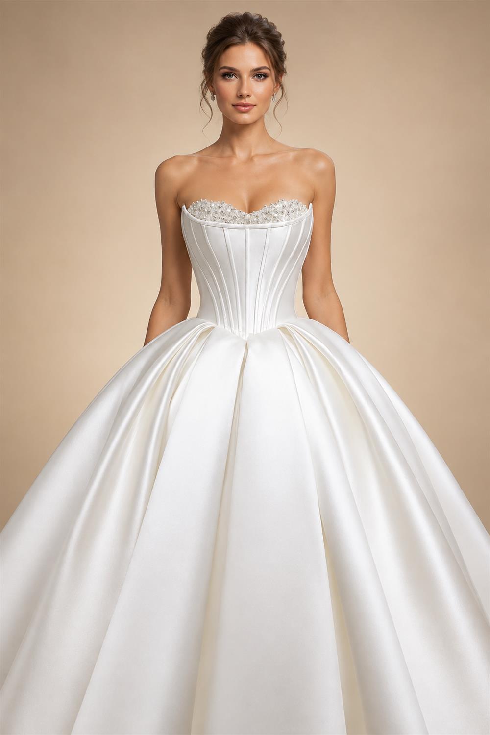Luxury Pearl Strapless Ball Gown White Wedding Dress ZP192