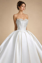 Luxury Pearl Strapless Ball Gown White Wedding Dress ZP192