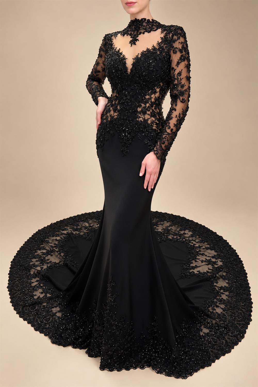 Black Luxury Gothic Heavy Beading Wedding Dress Mermaid Sheer Full Lace Circular Train ZP193