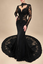 Black Luxury Gothic Heavy Beading Wedding Dress Mermaid Sheer Full Lace Circular Train ZP193