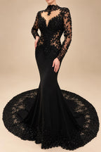 Black Luxury Gothic Heavy Beading Wedding Dress Mermaid Sheer Full Lace Circular Train ZP193