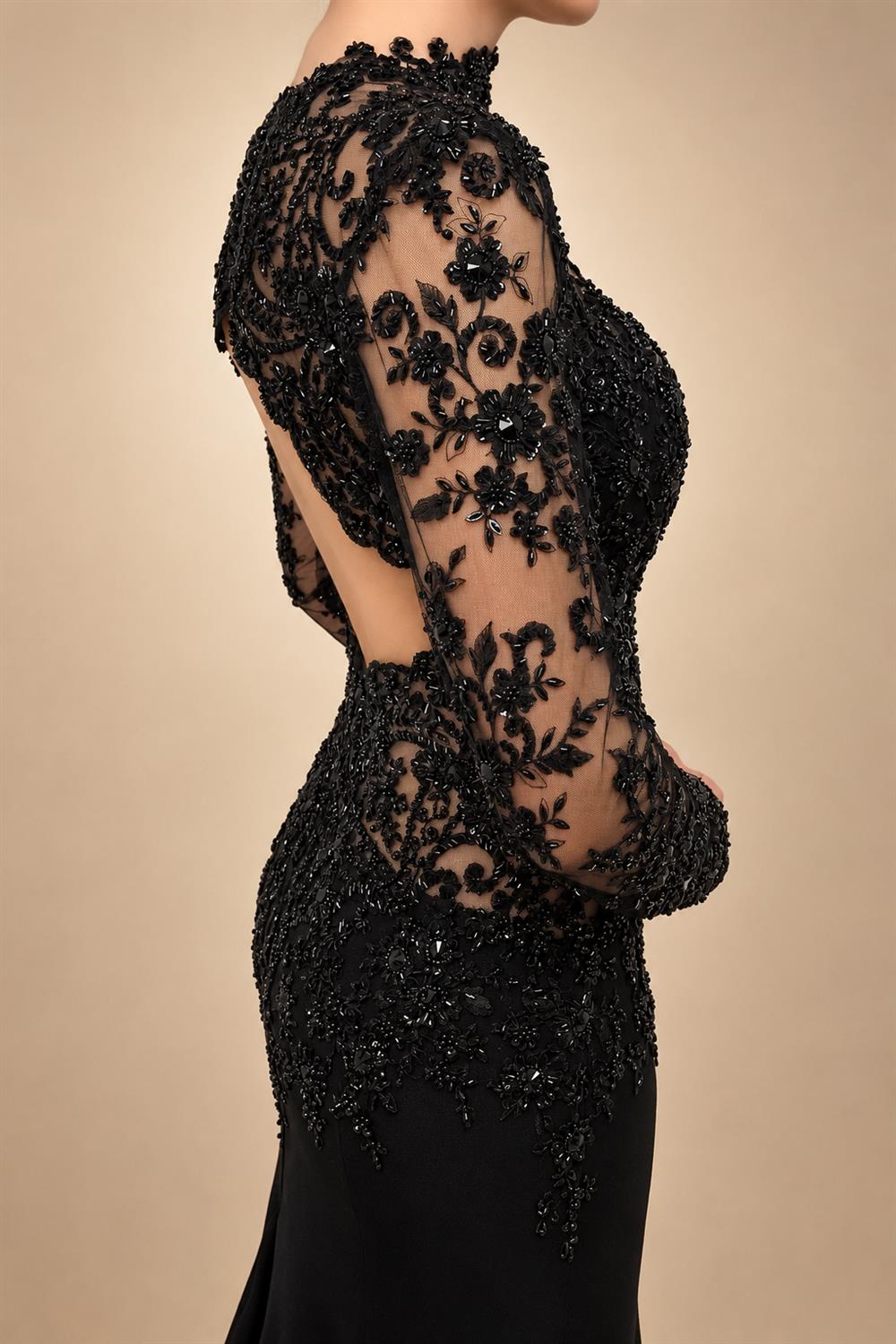 Black Luxury Gothic Heavy Beading Wedding Dress Mermaid Sheer Full Lace Circular Train ZP193