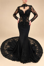 Black Luxury Gothic Heavy Beading Wedding Dress Mermaid Sheer Full Lace Circular Train ZP193