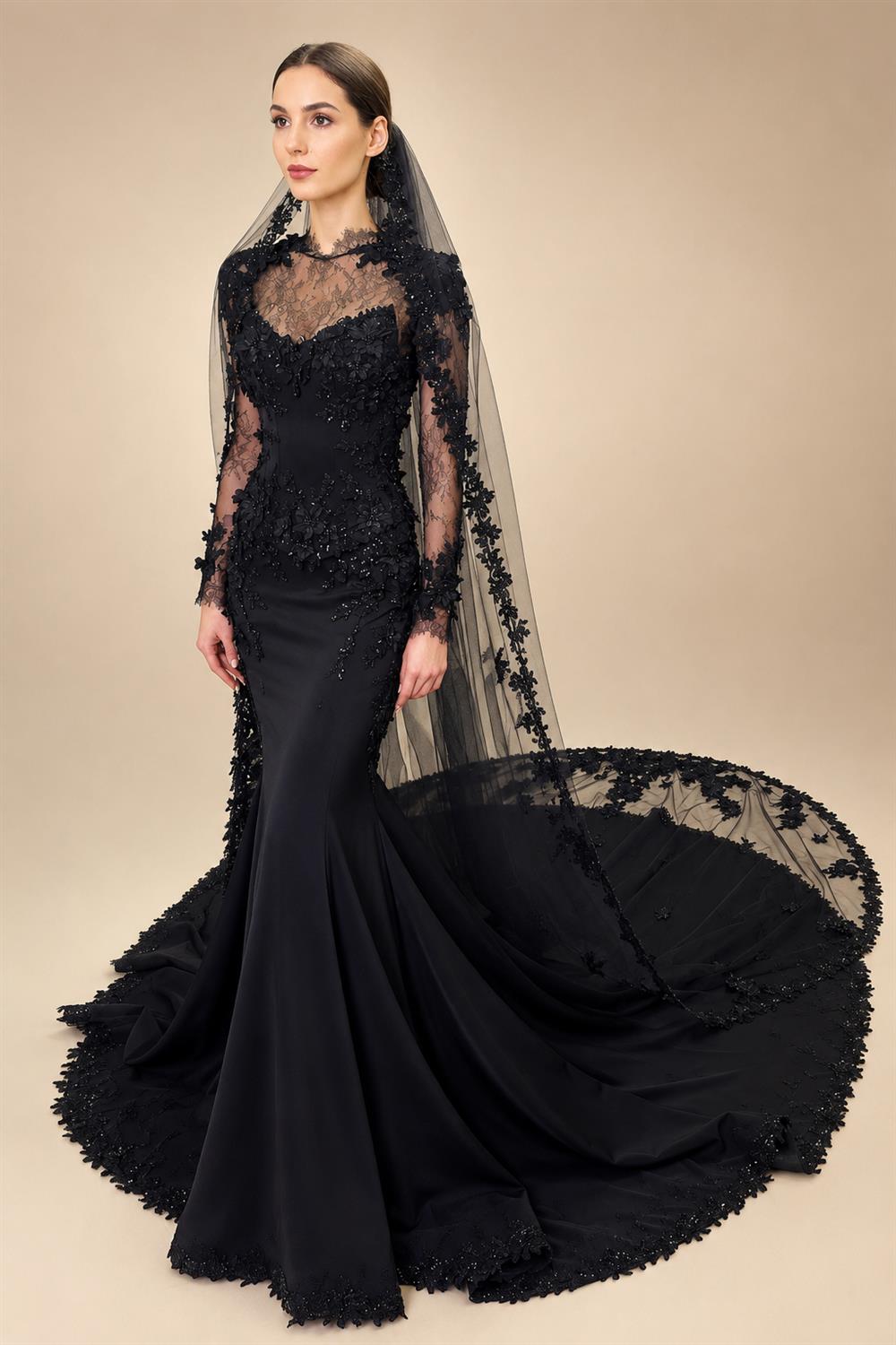Black Luxury Gothic Wedding Dress Mermaid 3D Floral  With Lace Edge Train ZP194