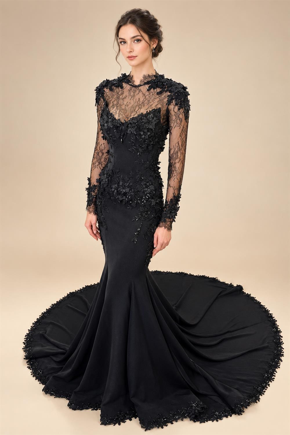 Black Luxury Gothic Wedding Dress Mermaid 3D Floral  With Lace Edge Train ZP194