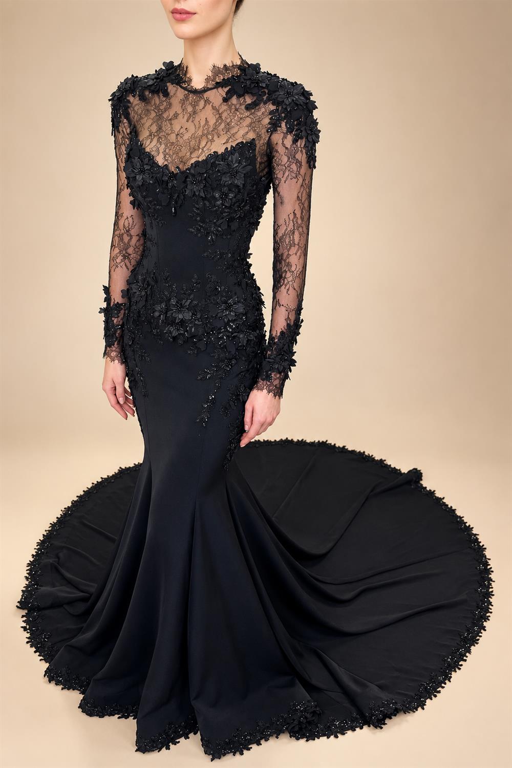 Black Luxury Gothic Wedding Dress Mermaid 3D Floral  With Lace Edge Train ZP194