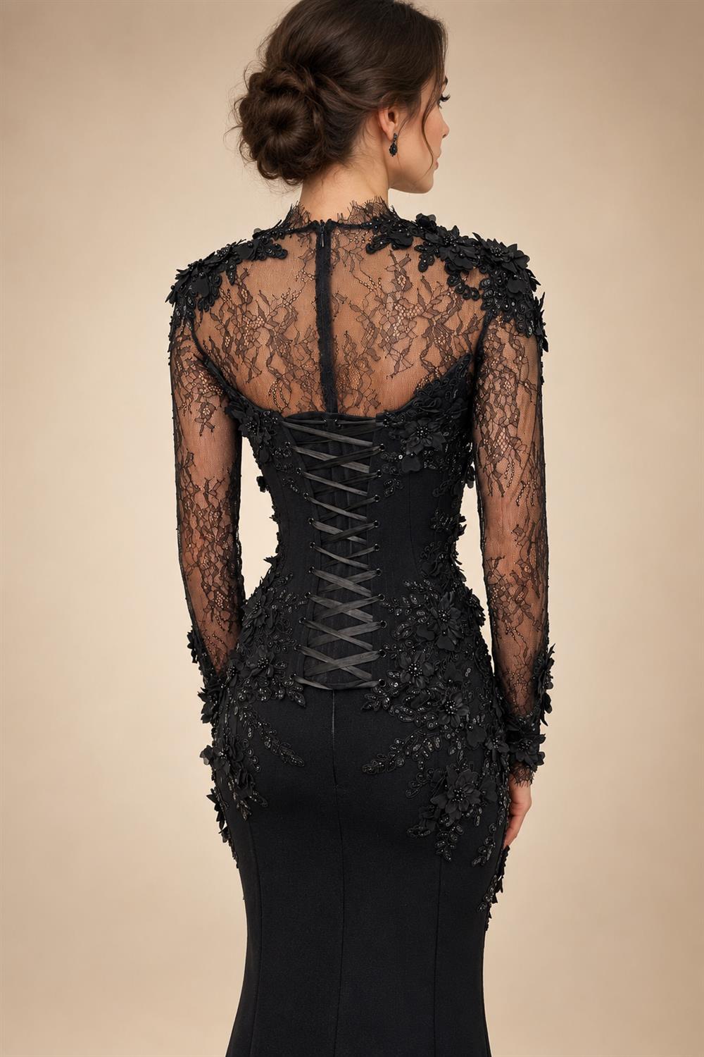 Black Luxury Gothic Wedding Dress Mermaid 3D Floral  With Lace Edge Train ZP194