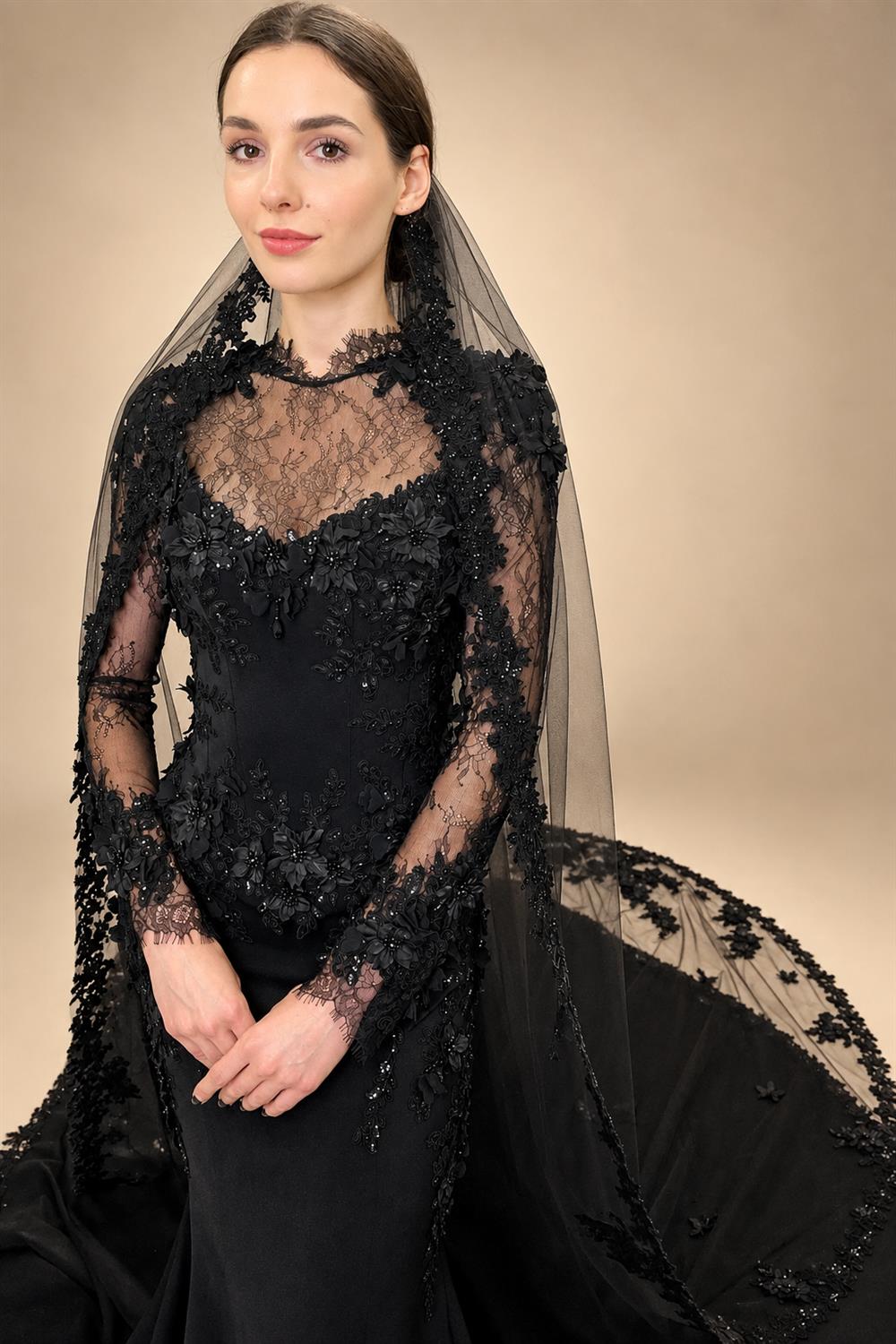 Black Luxury Gothic Wedding Dress Mermaid 3D Floral  With Lace Edge Train ZP194