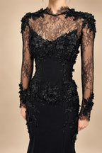 Black Luxury Gothic Wedding Dress Mermaid 3D Floral  With Lace Edge Train ZP194