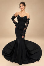 Black Luxury Gothic Wedding Dress Mermaid 3D Floral Lace  ZP195