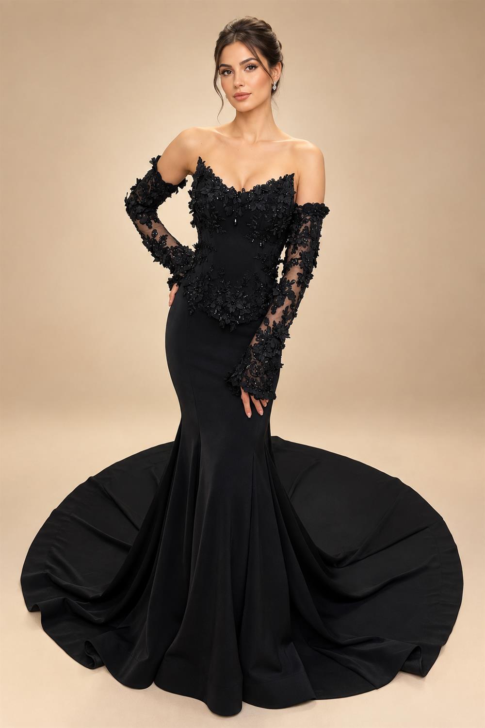 Black Luxury Gothic Wedding Dress Mermaid 3D Floral Lace  ZP195