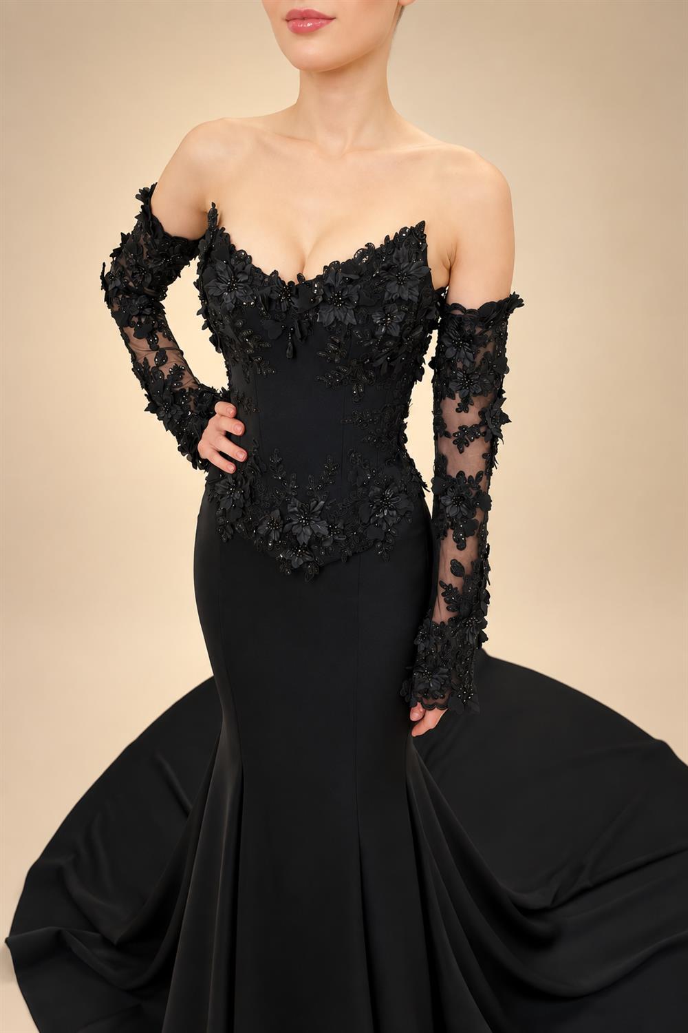 Black Luxury Gothic Wedding Dress Mermaid 3D Floral Lace  ZP195