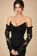 Black Luxury Gothic Wedding Dress Mermaid 3D Floral Lace  ZP195